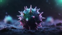 Microscopic virus particle with spiky protein surface in colorful neon lighting for medical education and scientific research presentations.