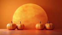 Orange harvest moon rises behind decorative pumpkins on wooden surface, creating atmospheric autumn scene with warm lighting and minimalist composition.