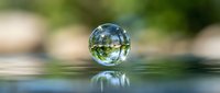 Crystal clear glass sphere reflecting green nature on wooden surface with blurred garden background for meditation and mindfulness concepts.