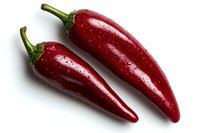 Fresh red chili peppers with water drops on white background, raw organic produce for cooking spicy dishes and adding heat to recipes.