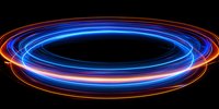 Glowing neon blue and orange light trails forming circular rings against black background, creating dynamic motion effect for technology and science designs.