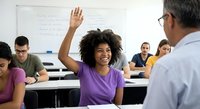 Enthusiastic African American female student raising hand in university classroom with diverse classmates and male professor during interactive lecture.