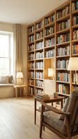 Cozy home library with floor-to-ceiling wooden bookshelves filled with books, comfortable reading chair and warm lighting for study and relaxation.