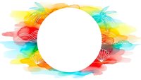 Tropical summer frame with vibrant watercolor palm leaves and white circle space for text on transparent background for design projects.