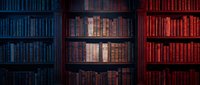 Library bookshelf with vintage books in blue and red tones creating atmospheric lighting for academic research and literary education backgrounds.