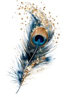 Elegant peacock feather with blue and gold accents on white background, adorned with sparkling golden particles for luxury design projects.