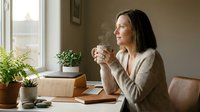 Thoughtful middle-aged Caucasian woman holding steaming coffee mug at home desk, gazing out window with calm, relaxed expression.