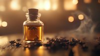 Glass bottle with aromatic oil and scattered clove spices on wooden surface against warm bokeh background, creating cozy atmospheric composition.