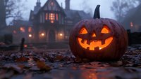 Glowing carved pumpkin with classic jack-o-lantern face on autumn ground with fallen leaves, spooky gothic house and orange lights in misty background.