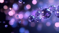 Crystal clear water drops floating in air against blurred purple and pink bokeh background creating magical atmospheric effect with reflections and light play.