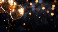 Glowing golden balloons with sparkles and bokeh lights against dark background create magical festive atmosphere for celebration and party design.