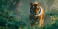 Majestic Bengal tiger walking through lush green forest with sunlight filtering through foliage, creating dramatic atmosphere in natural habitat.