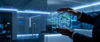 Businessman hands holding holographic risk management interface with digital network connections in modern blue-lit office environment for business strategy.
