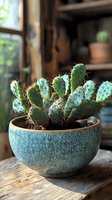 Prickly pear cactus growing in turquoise ceramic bowl with crackle glaze finish, placed on rustic wooden surface near window with soft natural lighting.