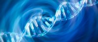 DNA double helix structure with glowing blue light effects and swirling energy patterns for scientific research and biotechnology presentations.