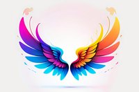 Vibrant rainbow colored angel wings spread symmetrically with gradient colors from cool blue to warm orange, floating against light background. Suitable for logo design.
