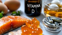 Salmon fillet with vitamin D rich foods including fish oil supplement, eggs, and sardines arranged for nutritional health and wellness content.