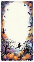 Watercolor Halloween border frame with pumpkins, witch, ghosts, bats, black cat, spiderwebs, and haunted house, isolated on white background.