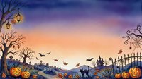 Watercolor Halloween night scene with pumpkins, black cat, bats, spooky castle, cemetery, and lanterns on twilight sky background with copy space.