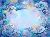 Watercolor cloud frame with swirling patterns in blue and purple tones creates dreamy border for text or design elements on soft gradient background.
