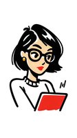 Minimalist cartoon illustration of woman with glasses and black hair reading red book on white background, ideal for education or literary themes.