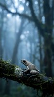 Small frog sitting on mossy branch in misty forest with soft bokeh background and atmospheric lighting for nature and wildlife concepts.