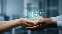 Two hands joining together with glowing digital network connections and data flow symbols above, representing teamwork, partnership, collaboration, and business connection in modern technology environment.