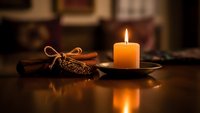 Warm candle flame glowing on wooden table with cinnamon sticks creating cozy autumn atmosphere for relaxation and home decor.
