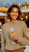 Young woman with short wavy hair in beige sweater holding champagne glass against golden bokeh lights at sunset celebration.