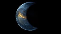 Crescent Earth view from space showing illuminated city lights across continents against dark background, glowing urban areas visible from orbit.