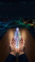 Holographic human anatomy figure floating above cupped hands with digital data streams in background for medical technology and healthcare innovation concepts.