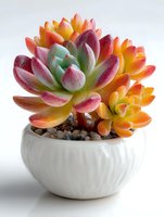 Colorful succulent plant with red, orange, yellow and green leaves in white ceramic pot with pebbles, isolated on white background for home decor.