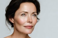 Close-up portrait of mature woman with natural makeup and soft complexion against neutral background, showcasing graceful aging and confidence.