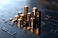 Golden skyscrapers rising from circuit board create futuristic cityscape visualization, representing digital transformation and smart city technology advancement.
