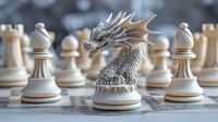 Detailed dragon chess piece on board with traditional wooden pieces in background, showcasing fantasy meets strategy in competitive gameplay.