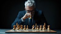 Senior businessman in navy suit contemplating next chess move at wooden board with dramatic lighting, showcasing strategy and decision-making in corporate leadership.