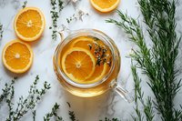 Fresh orange slices floating in herbal tea with thyme and dill sprigs on marble background, top view composition for wellness and healthy lifestyle.