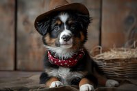 Australian shepherd puppy wearing brown fedora hat and red bandana with stars, looking directly at camera with bright blue eyes against rustic background.