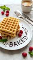 Stack of golden waffles with chocolate sauce spelling baked on white plate, fresh raspberries, mint leaves, and coffee cup on linen.