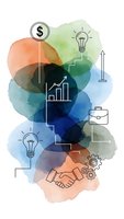 Business growth concept with watercolor background featuring financial icons, lightbulbs, charts, handshake and gears for corporate strategy presentations.