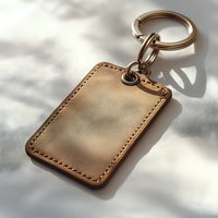 Blank leather keychain tag with metal ring on white surface under natural window light and shadows. Handcrafted accessory for personal branding or gift.