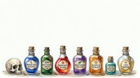 Isolated skull and colorful potion bottles with cork stoppers arranged in a row on white background, suitable for game design, fantasy illustrations, and Halloween-themed projects.