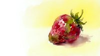 Watercolor strawberry painting with soft brushstrokes on light yellow background. Fresh fruit illustration for kitchen decor, recipe books, and culinary designs.