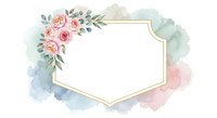 Watercolor floral frame with pink roses, green foliage, and pastel washes in gold pentagon border, isolated on white background for invitations and design projects.
