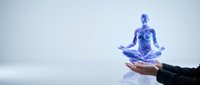 Holographic blue human figure meditating in lotus position floating above open palm against clean white background for wellness and technology concepts.