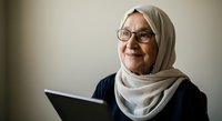 Senior woman wearing hijab and eyeglasses holding tablet device, looking upward with smile. Mature female professional using technology for work, education, or business communication.