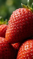 Close-up of ripe, juicy red strawberries with vivid texture and green bokeh background, evoking freshness and summer harvest.
