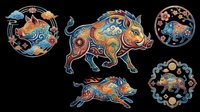 Colorful ornate boar set in traditional Asian folk art style, isolated on transparent background. Great for stickers, t-shirt design, print on demand, and sublimation crafts.