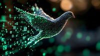 Digital dove silhouette dissolving into glowing green binary code particles against dark background, symbolizing technology transformation and artificial intelligence.