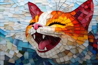 Colorful mosaic artwork depicting laughing cat face with open mouth showing fangs against blue background, created from small geometric pieces in vibrant orange and red tones.
